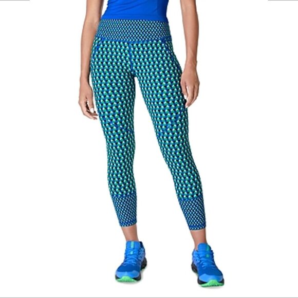 Sweaty Betty Power 7/8 length workout legging green geometric blue new Medium - Picture 1 of 6